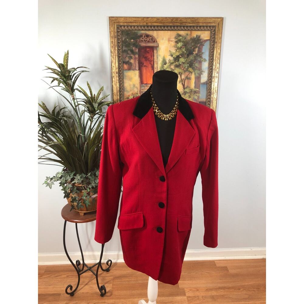 Vintage Casual Corner Blazer Jacket Women's 10 Red Wool Longline Velvet Collar